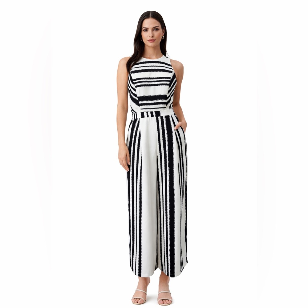 Jealous Tomato Monochrome Striped Sleeveless Jumpsuit Wide Leg Chic Black White